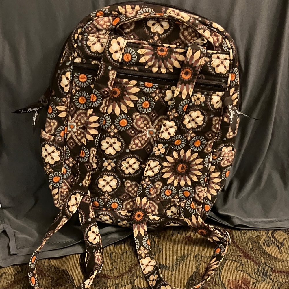 Vera Bradley Brown Floral Quilted Backpack with Orange and Cream Accents - Picture 2 of 8